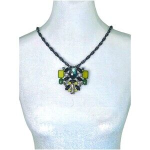 Chicos Statement Necklace Green Yellow Crystal Pendant Gray 42" Jewelry